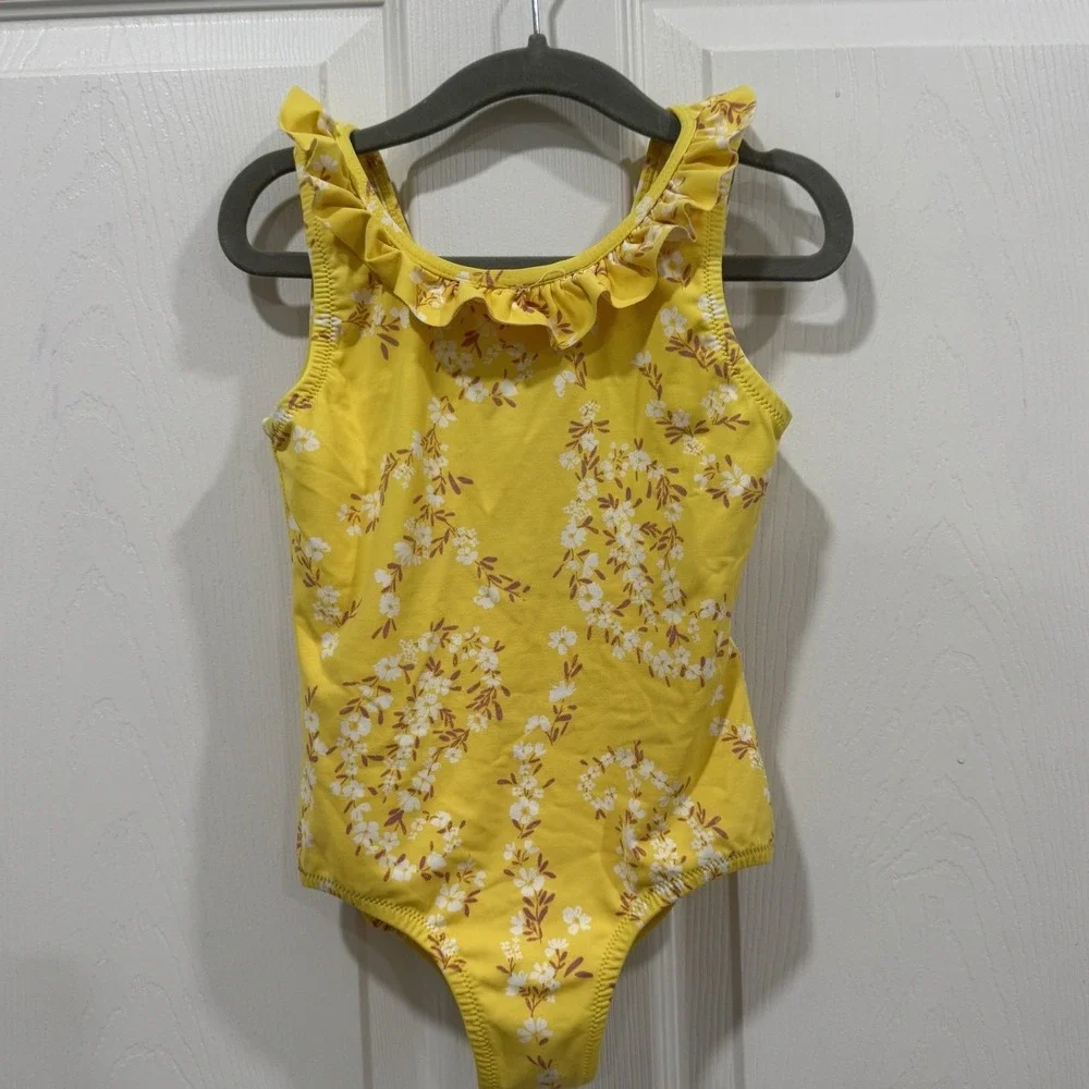 Girls' Cascading-Ruffle‎ One-Piece Swimsuit 04 Yellow Floral Swim Vacation
